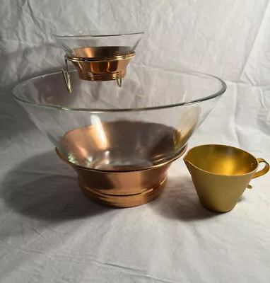 Vintage Mid Century Modern Copper Clear Glass Chip Dip 6 Pc Set NOS Boxed Great! • $39.50