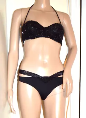 LA PERLA Black Bandeau All Embellished Top Bikini Set Org $1100!! US 6 32-34 B • $124.99