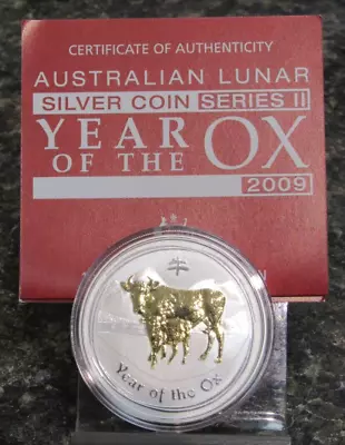 2009 Australia $1 Lunar YEAR OF THE OX .999 Silver 1oz Coin Gilded W/COA • $96