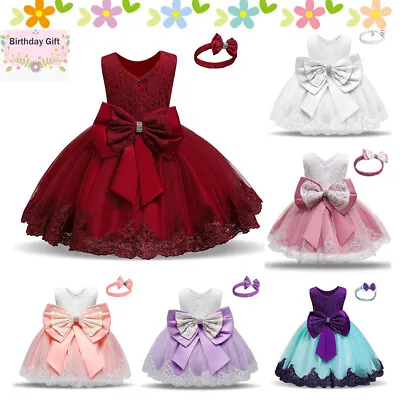 Flower Girls Bridesmaid Dress Baby Kids Party Lace Bow Wedding Dresses Princess • £14.24