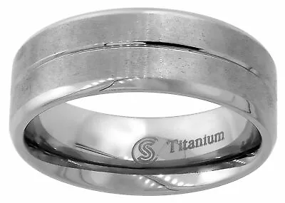 Titanium Ring Men Wedding Band Grooved Center Brushed Finish Beveled Edge 8mm • $16.85