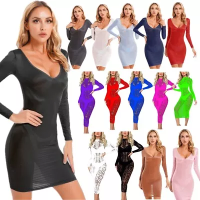 US Women's Lingerie Nightwear Dresses Semi See Through Long Sleeve Bodycon Dress • $9.45