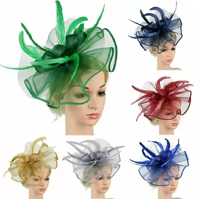 $16.99 • Buy Large Flower Feather Hair Hat Fascinator Headband Clip Wedding Royal Ascot Race