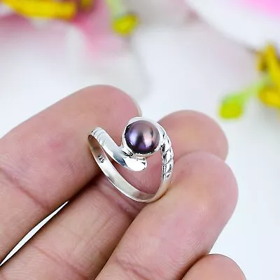 Natural Black Pearl Gemstone 925 Solid Sterling Silver Jewelry Ring Size 8 L839 • $14.45