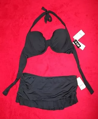 Kenneth Cole Black Halter Underwire Skirted Bikini Set Sz 34D/10  Sz M/10 Bottom • £54.04