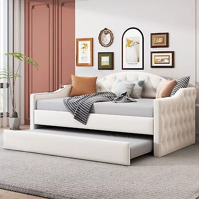 Twin Size Daybed W/ Trundle Upholstered Platform Bed Frame Sofa Bed USB Ports • $398