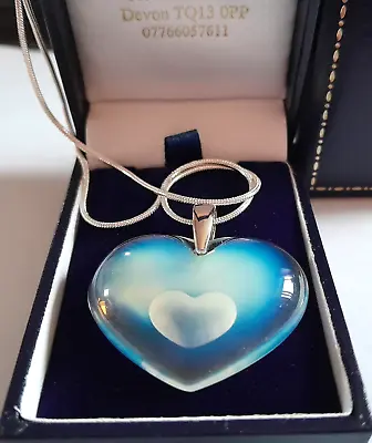 Lalique - Pendant Opalescent Necklace Large Heart Silver Chain Silk Cord  - New • £195
