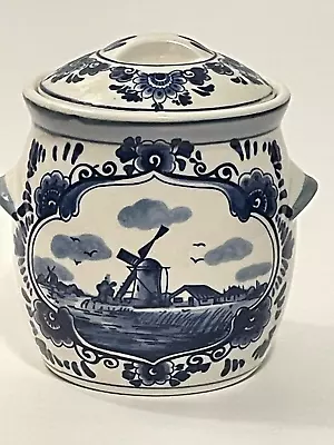 Classic Delft Blue And White Mustard Pottery Jar With Lid Hand Painted Porcelain • $25