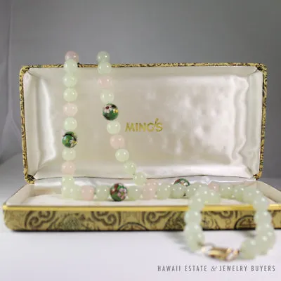 Ming's Hawaii  Rare Jade Bead & Rose Quartz Enamel Bead Necklace 30  W/ Box • $2600