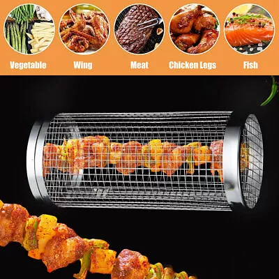 Rolling Grilling Basket BBQ Net Tube Round Stainless Steel Grill Mesh Cylinder • $7.99