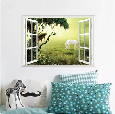 White Horse Field Fantasy Forest Window View 3d Wall Sticker Decoration Mural Ar • $29.50