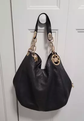 MICHAEL KORS Fulton Large Leather Shoulder Bag Black Pebbled Gold Chain Purse • $145