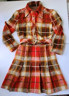 2 Pc. Blazer & Skirt Set 60s-70s Plaid Pleated Heavy Tapestry Adult S Academia • $71.10