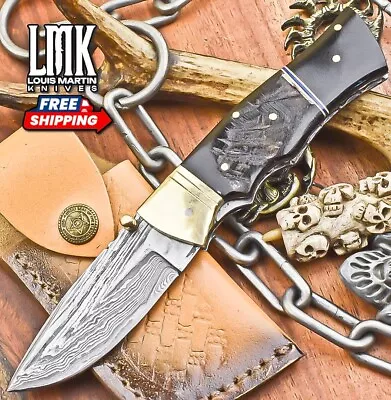 Handmade Twist Damascus Folding Knife Ram's Horn Liner Lock Hiking • $0.99