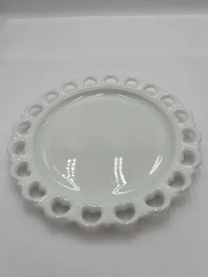 Vintage Lg Anchor Hocking Milk Glass Cake Platter Heart Lace Scalloped Edges 13  • $19.99