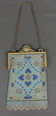 Art Deco Mandalarian Blue Mesh Purse Gold Wash Frame Ornate • $85.24