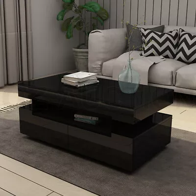 New Modern Black Coffee Table 4-Drawer Storage Shelf High Gloss Wooden Furniture • $179.95