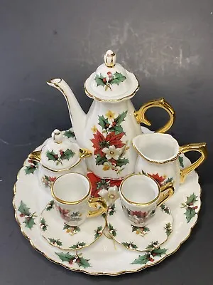 Formalities Christmas Poinsettia Collection Mini Tea Set By Red Green Gold Trim • $32.98