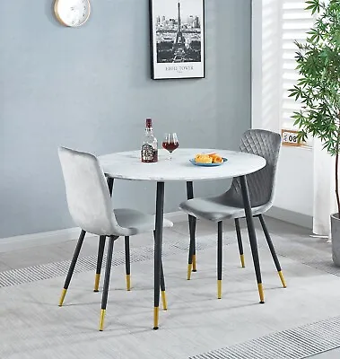 Small Round Dining Table And 2 Grey Fabric Chairs Set Metal Legs Marble Top • £205.99