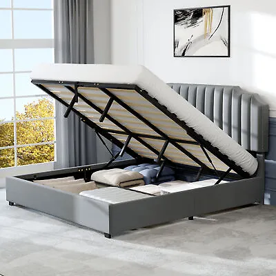 King Size Lift Up Storage Platform Bed Frame With Velvet Upholstered Headboard • $214.99