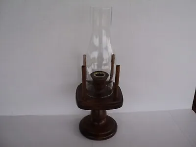 $15 • Buy Wood Hurricane Candle Holder Lamp W/Clear Glass Globe Chimney, Tabletop, Vintage