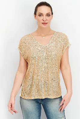 Vince Camuto Women's Gold Short Sleeve V-Neck Sequin Blouse Top Size XL • $38.77