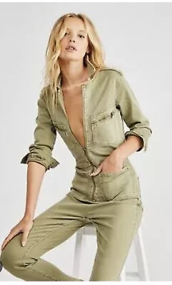 Free People Lennox Jumpsuit -Stretch Denim -Khaki Green -Size Medium -Front Zip • $100
