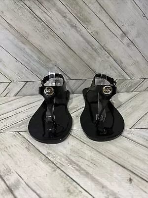 Michael Kors Black Jelly Buckle Strap Women's Thong Sandals MK Gold Size 11 • $29.77