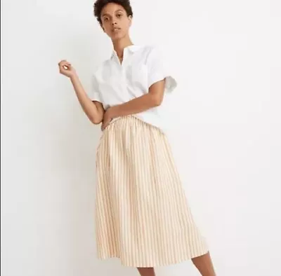 Madewell Linen Blend Smocked Waist Midi Skirt Women’s Sz S Cream Yellow Striped • $26.43