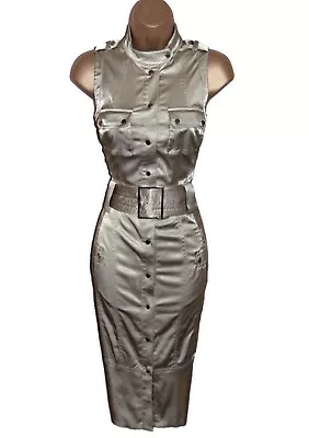 Karen Millen UK 12 (US 8)  STUNNING RARE VINTAGE KHAKI SAFARI BELTED DRESS • £79.99