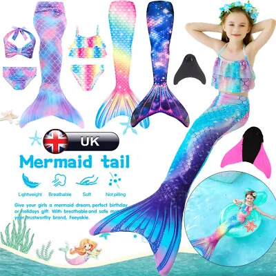 Kids Girls Mermaid Tail Swimming Costume Swimmable Bikini Set Summer Swimsuit UK • £15.82