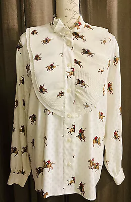 Vtg CHAUS Blouse Ivory Satin Button Front Equestrian Horse Pleated Ruffle 14 • $19.99