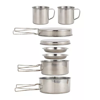 8PCS Camping Cookware Mess Kit Stainless Steel Picnic Pot Pan Cup Gear D5Z1 • $19.99