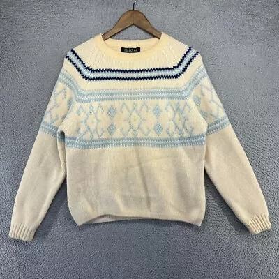 Vintage Meister Sweater Men's Small Cream Blue Nordic Fair Isle Wool Pullover • $38.83