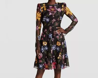 $2495 Naeem Khan Women's Black Floral Sequin-Embroidered Tulle Dress Size 6 • $798.78