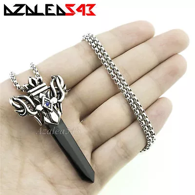 Silver Black Men's Onyx Sword CZs Stainless Steel Pendant Chain Necklace Set • $19.99