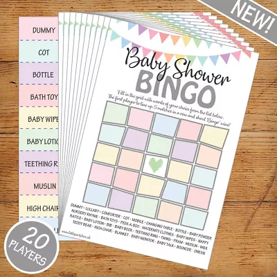 Baby Shower Bingo - Pink Blue Rainbow Neutral - 20 Players - Perfect Party Game! • £4.99