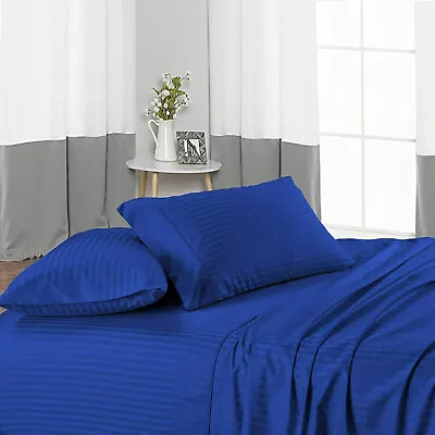 Egyptian Cotton Extra Deep Pocket Marvelous Bedding Royal Blue Strip Select Item • $77.89