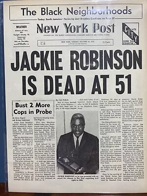 Vintage Newspaper Headline ~brooklyn Dodgers Baseball Jackie Robinson Dead  1972 • $14.49