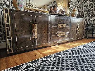 Mastercraft Hollywood Regency Burl Wood And Brass Sideboard Credenza 1970s • $4995