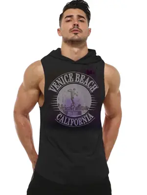 VENICE BEACH CA Muscle Tee Beach Sleeveless Black Hoodie Gay Fetish Front Pocket • $24
