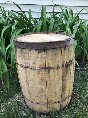 Vtg Wooden Primitive Wire Steel Banded Nail Keg Barrel Rustic Decor 17  12.5 Dia • $40