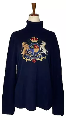 Vtg Ralph Lauren Crest Coat Of Arms Wool Cashmere Sweater Navy Lion Unicorn Sz L • $79.88