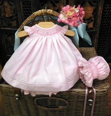 NWT Will'beth Pink Smocked 3pc Bishop Dress Preemie Bonnet Bloomer Baby Girls 00 • $60.29