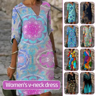 Womens Short Sleeve Floral Midi Dress Ladies Holiday Baggy Beach Kaftan Sundress • $27.86