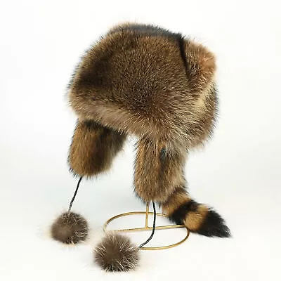 Faux Fur Raccoon Hat Cap With Faux Fur Tail For Kids Adults Soft Plush Fabric. • $21.99