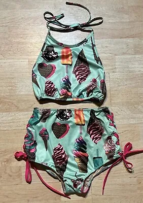 Pin Up High Waisted Bikini Mint Green With Ice Cream Cones Lace Up Sz Small • £18.34