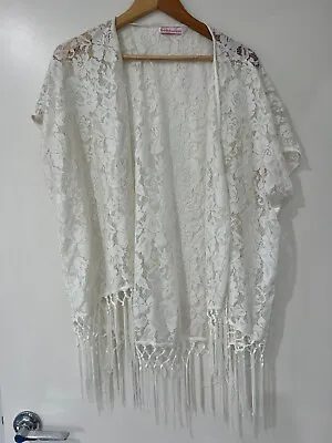 Boho Australia Floral Lace Kimono Cardigan Tassel Hem White One Size • $25