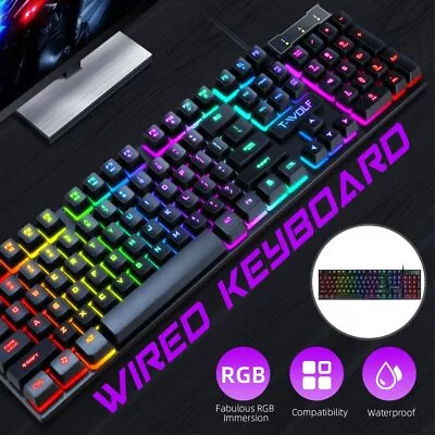 Pro Ergonomic Gaming Keyboard RGB Backlit Wired USB Illuminated Keyboard104 Keys • $30.99