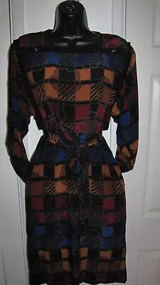 VTG 80's Silk Studio Silk Shift Midi Dress Women Long Sleeve Dark Colors Print 6 • $16.99